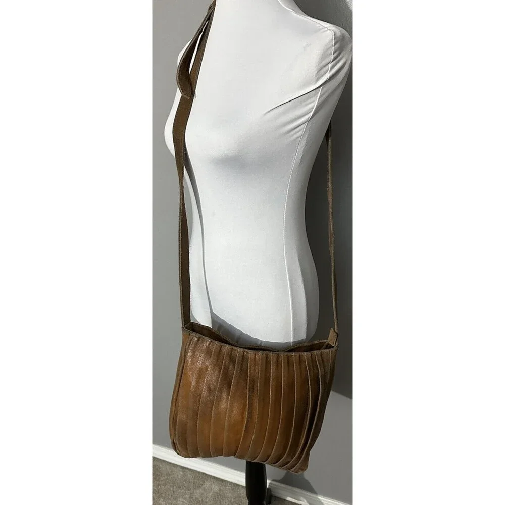 YKK Vintage Brown Leather Accordion Purse Satchel Crossbody Shoulder Bag Handbag